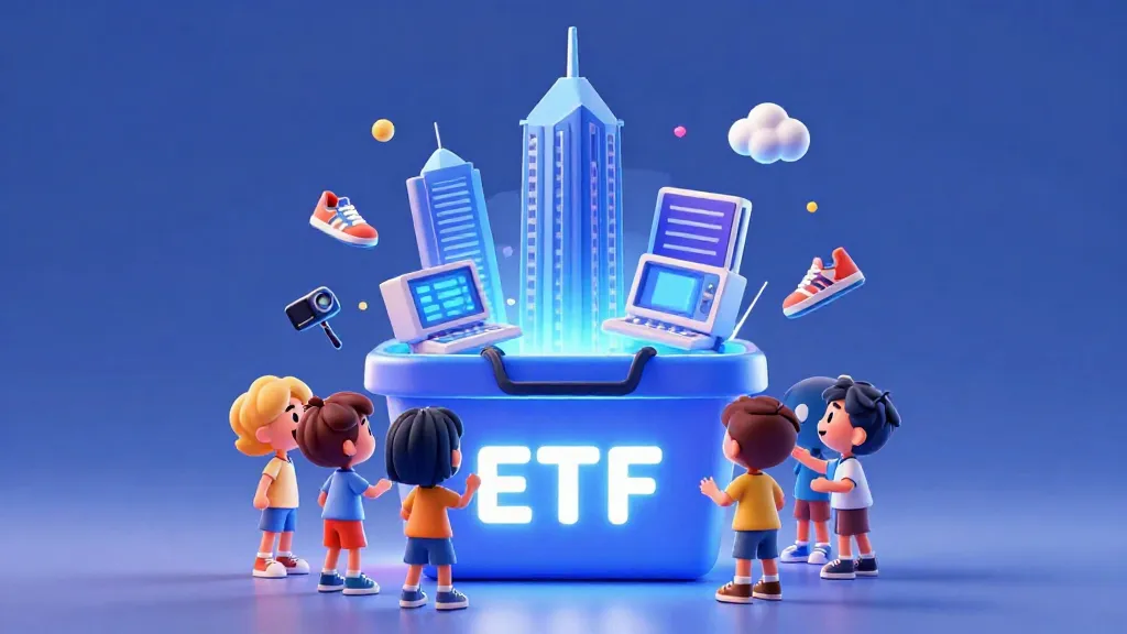 Una canasta mágica que contiene muchos tipos diferentes de empresas en miniatura, representando un paquete de ETF.
