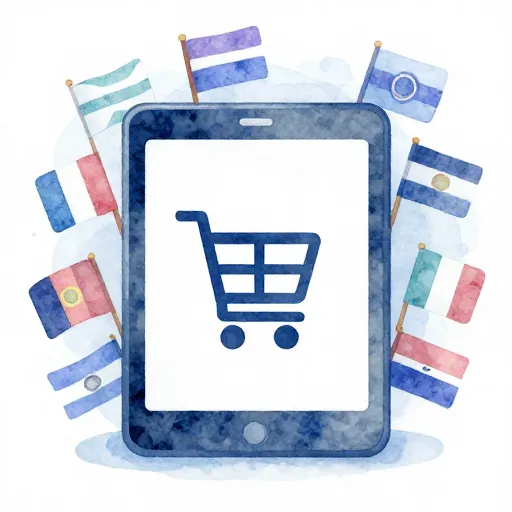 Una tableta que muestra iconos de compras globales.