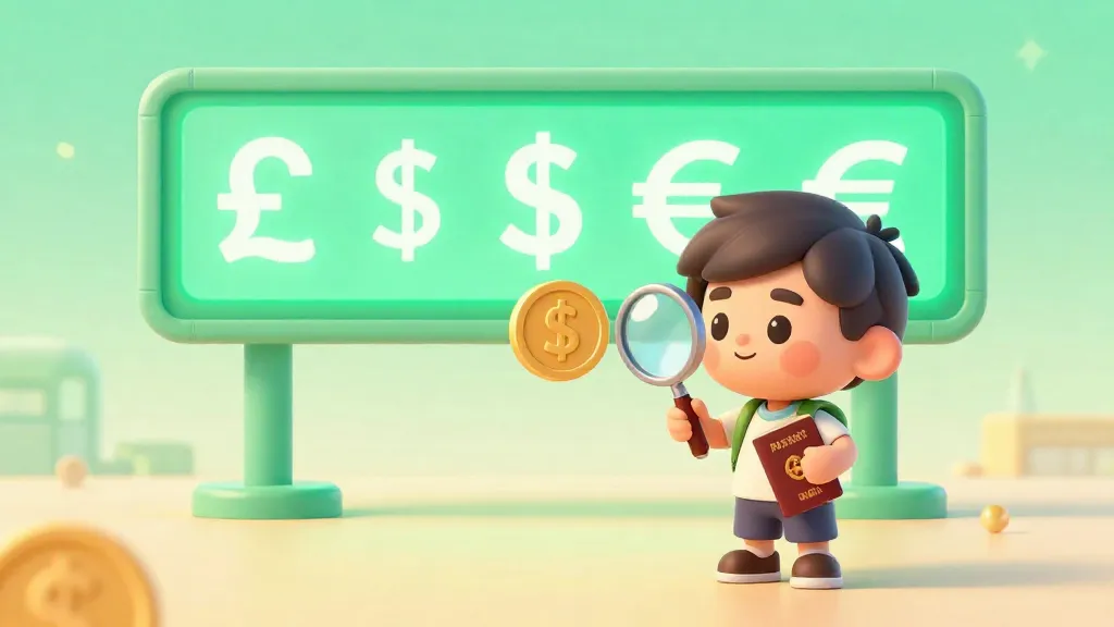 Un niño explorador viendo cómo una moneda de libra se transforma en una de dólar en un aeropuerto futurista.