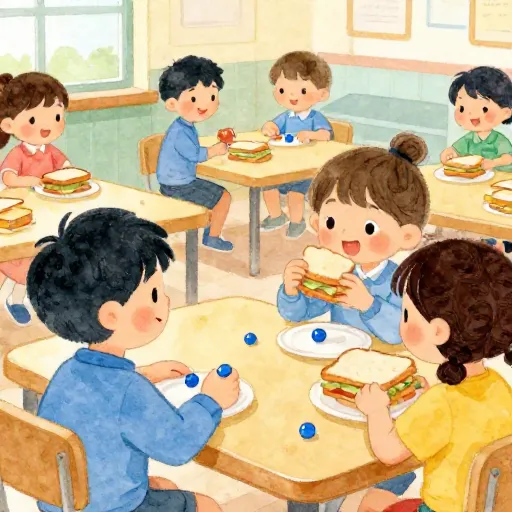 Niños cambiando canicas por el almuerzo en la escuela.