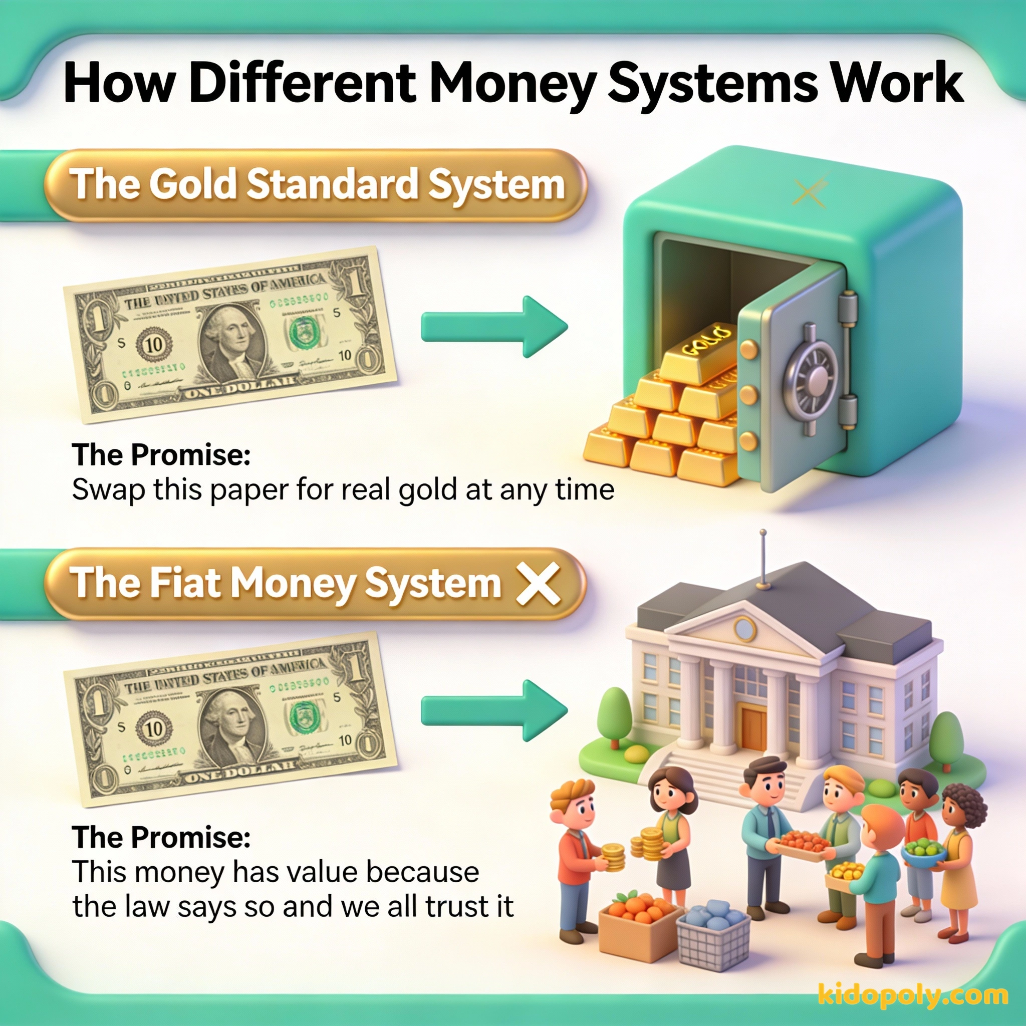 Un diagrama que compara el dinero de papel respaldado por oro frente al dinero de papel respaldado por la ley del gobierno.