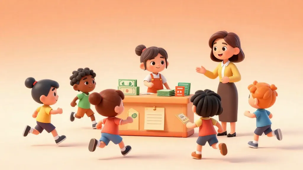 Estudiantes de primaria aprendiendo sobre el dinero en un salón de clases