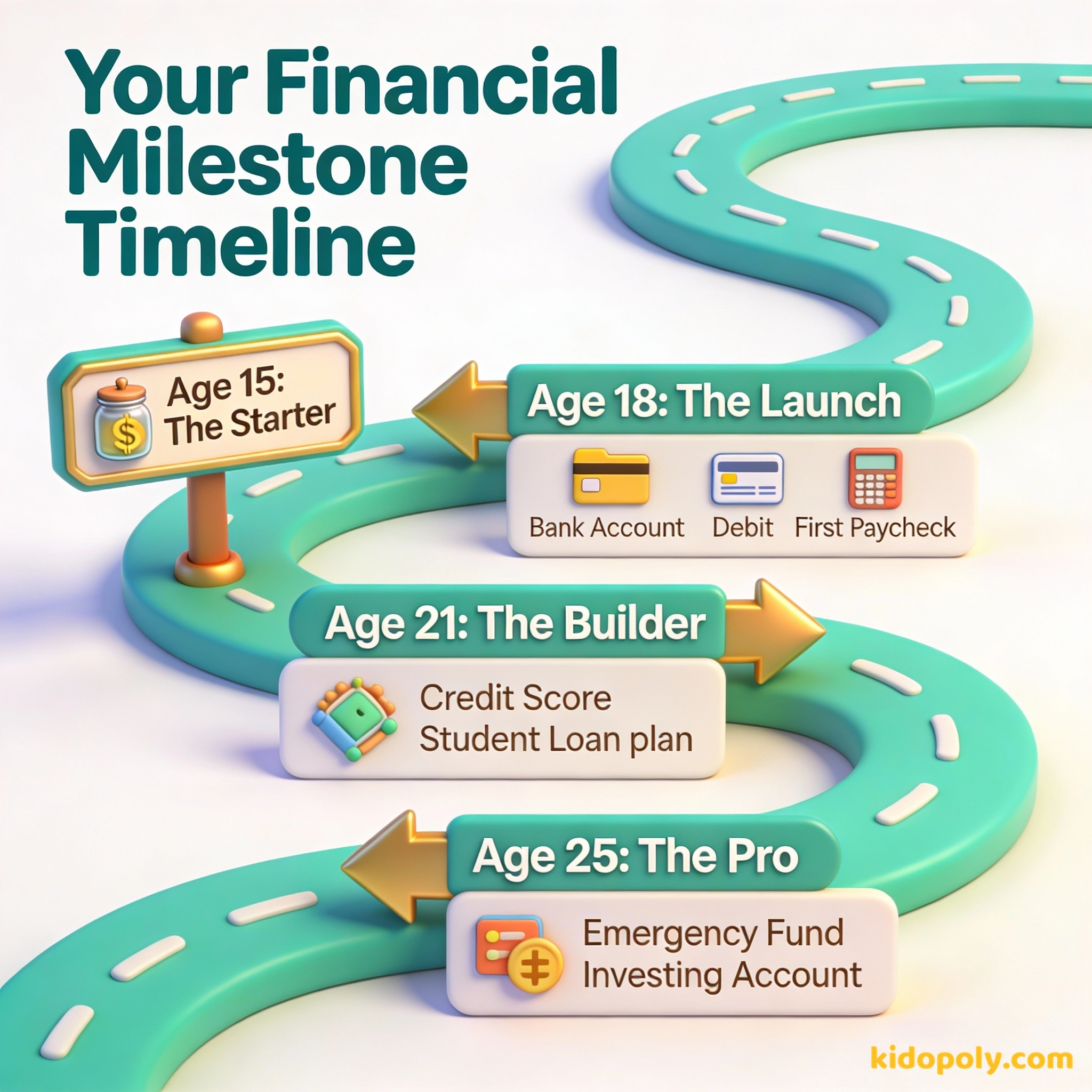 Un diagrama de línea de tiempo que muestra hitos financieros desde los 15 hasta los 25 años.