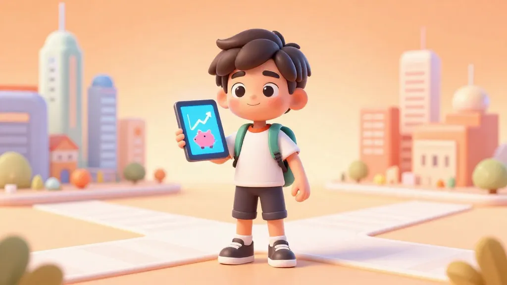 Un adolescente mirando hacia una ciudad del futuro mientras sostiene una tableta que muestra crecimiento financiero.