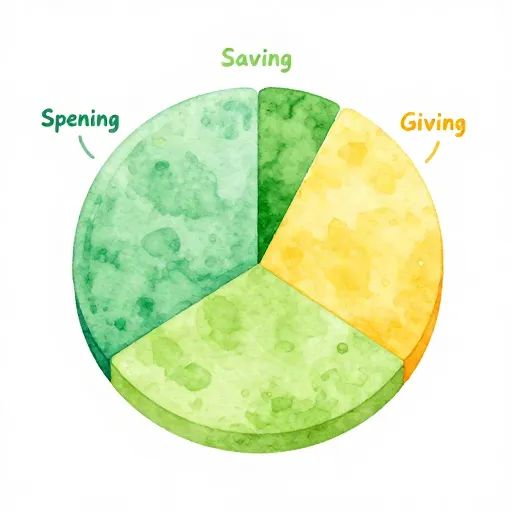 Un gráfico de sectores colorido que muestra cómo dividir el dinero en gastar, ahorrar y dar.