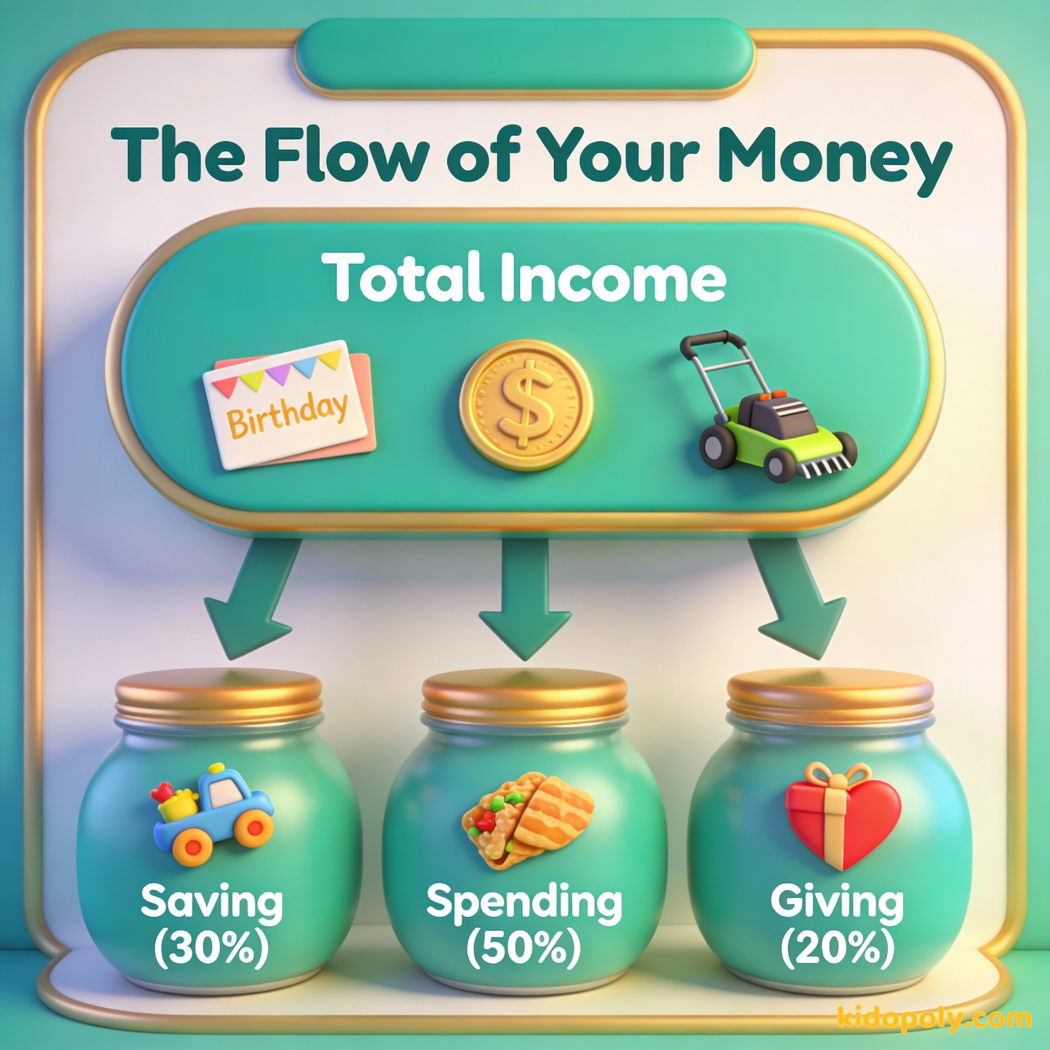 Un diagrama que muestra el flujo del dinero desde los ingresos hacia tres categorías: ahorrar, gastar y dar.
