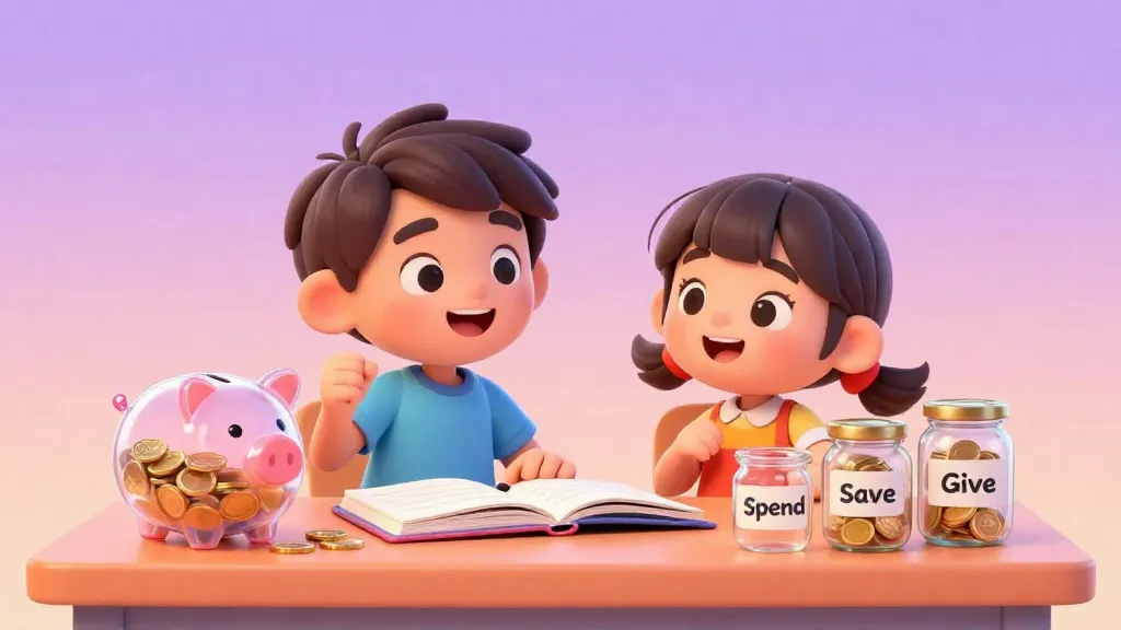 Dos niños organizando alegremente su dinero en diferentes frascos sobre un escritorio.