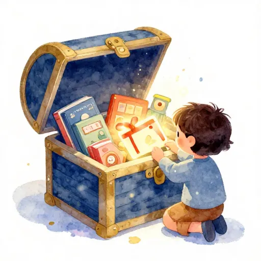 Un niño abriendo un cofre del tesoro con una tarjeta de regalo