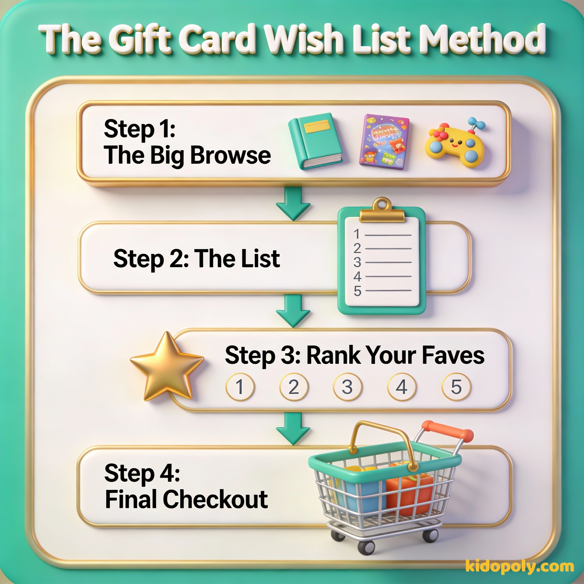 Infografía que muestra los cuatro pasos del Método de la Lista de Deseos