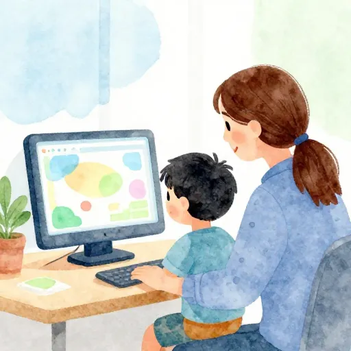 Un niño y su padre investigando organizaciones benéficas en línea.