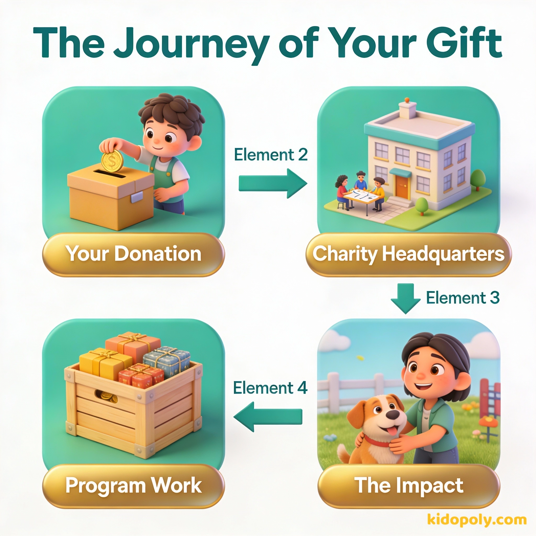 Un diagrama que muestra cómo una donación viaja desde un niño hasta una organización benéfica y, finalmente, a una persona o causa necesitada.