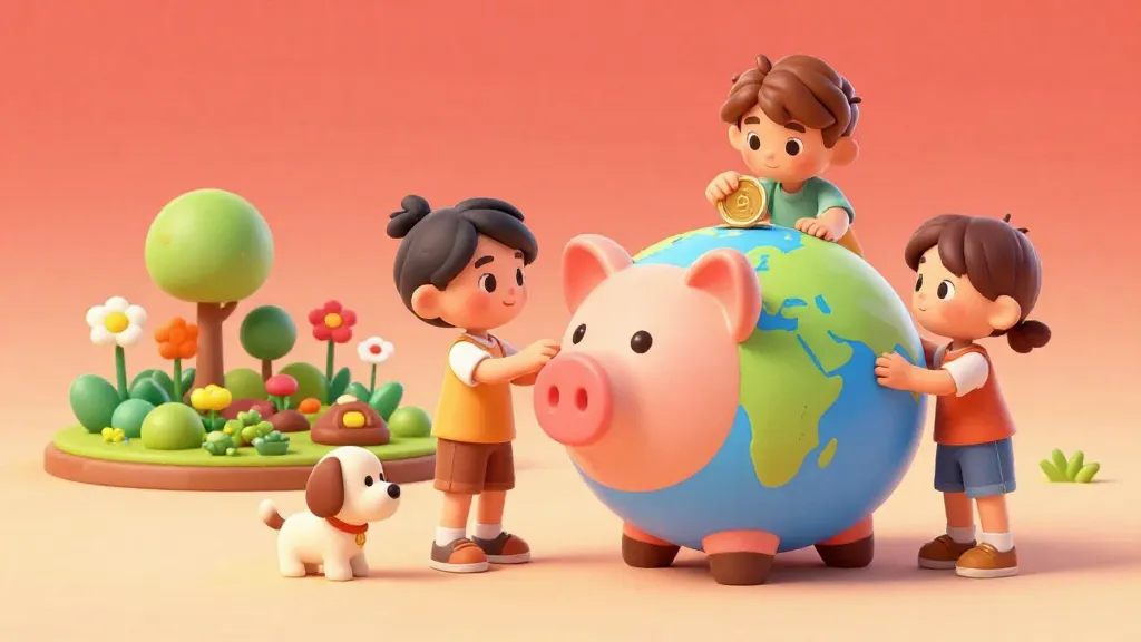 Niños poniendo monedas en una hucha con forma de globo terráqueo para ayudar al mundo.