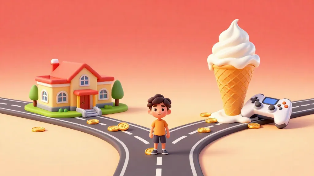 Un adolescente eligiendo entre un camino de inversiones inteligentes y un camino de gastos temporales