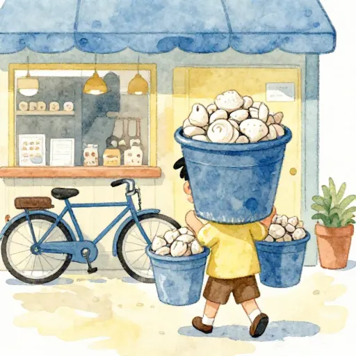 Un niño cargando cubos de conchas para comprar una bicicleta