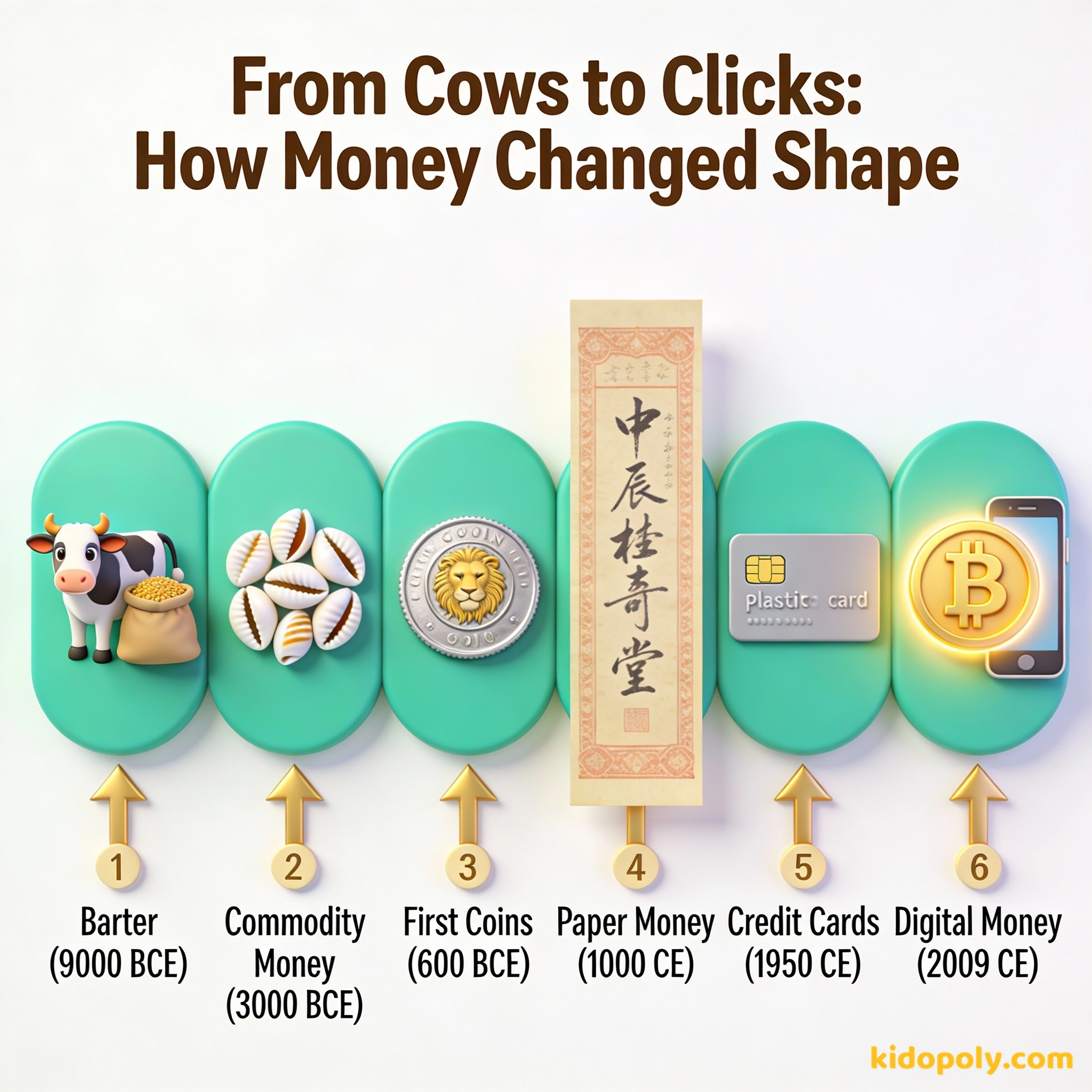 Un diagrama de flujo que muestra la evolución del dinero desde el trueque hasta la moneda digital