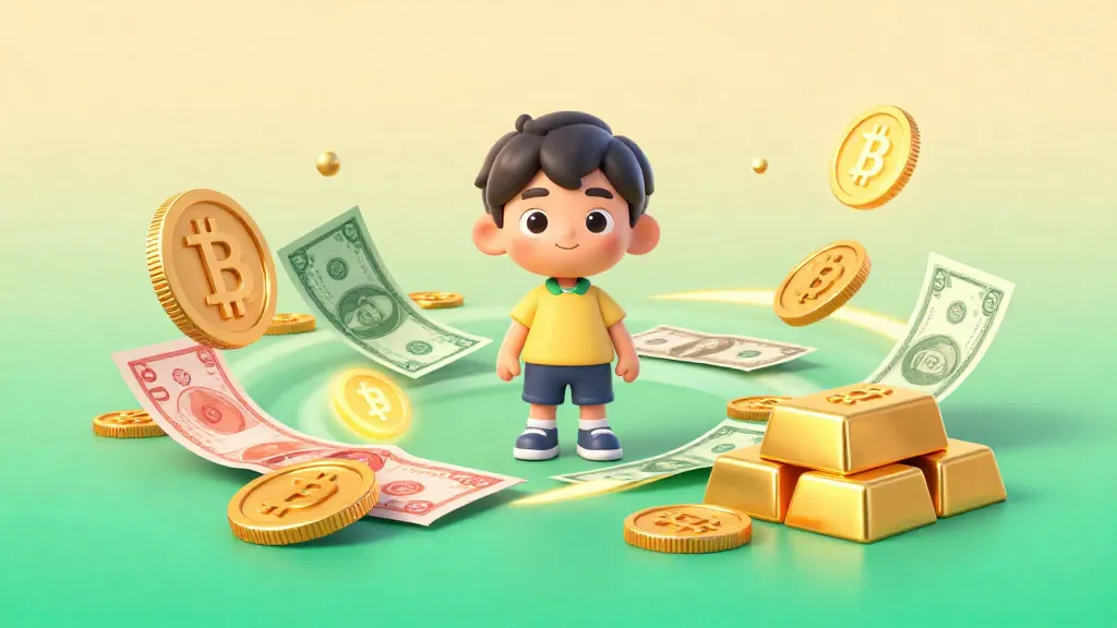 Un niño rodeado de diferentes tipos de dinero histórico, desde conchas hasta monedas digitales