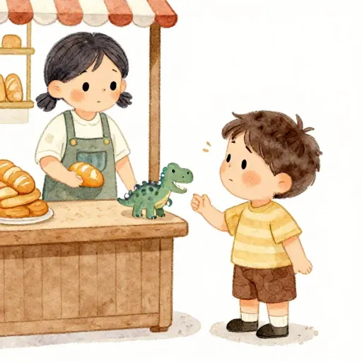 Un niño intentando intercambiar un juguete por pan.