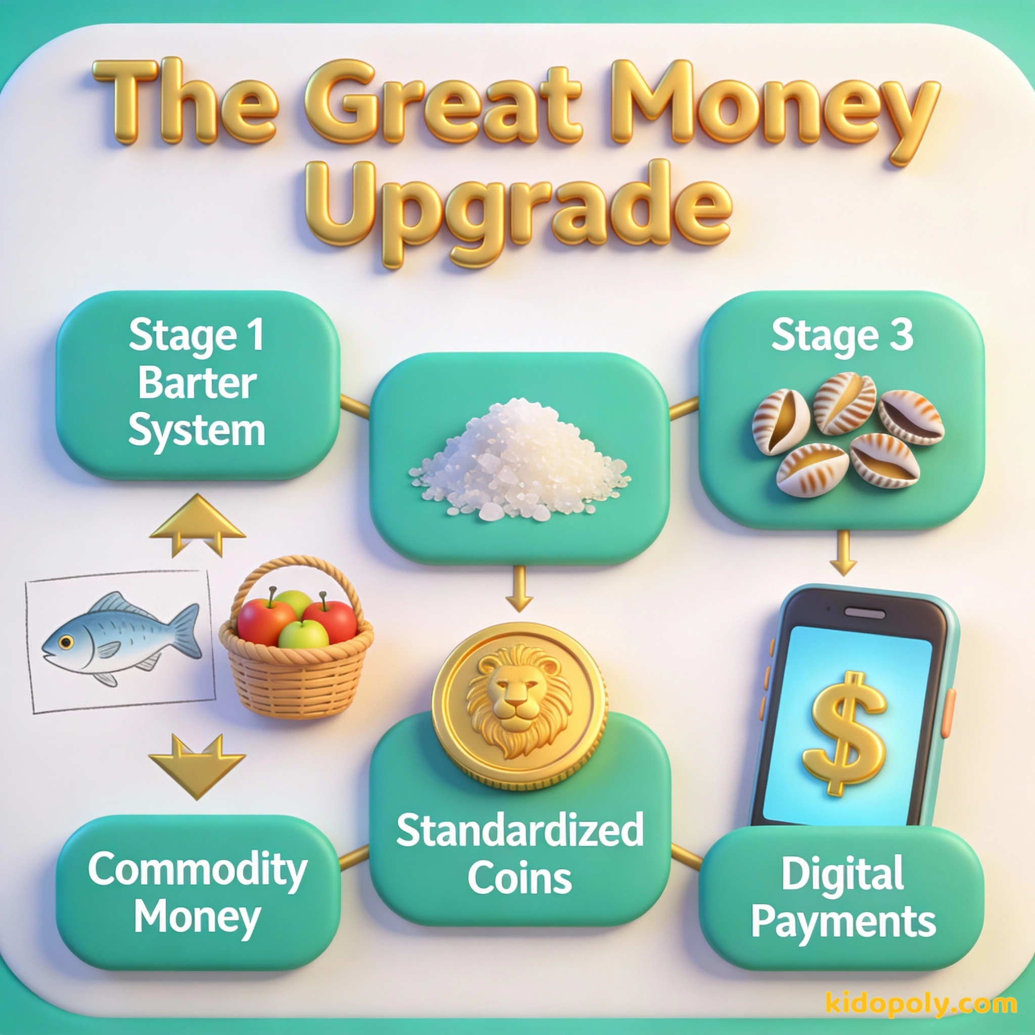 Un diagrama de cuatro etapas que muestra la evolución desde el trueque hasta los pagos digitales.