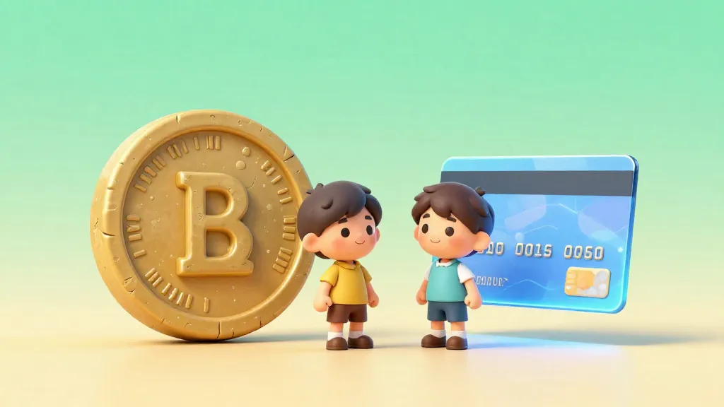 Dos niños explorando un museo que muestra la evolución del dinero, desde monedas de piedra gigantes hasta tecnología digital.