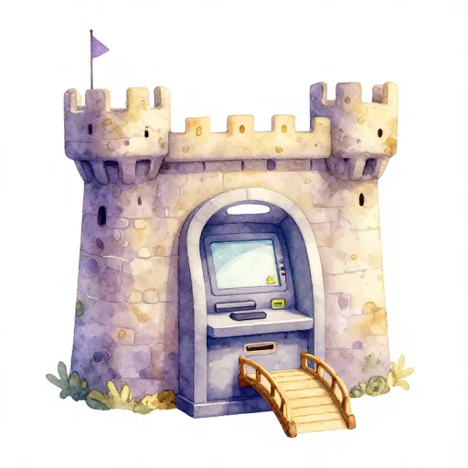 Un cajero automático con forma de fortaleza de castillo segura.