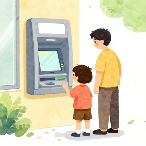 Un niño y un adulto observando un cajero automático juntos.