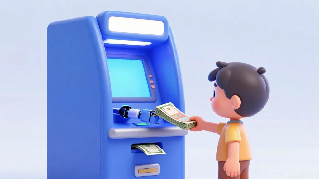 Un robot amigable dentro de un cajero automático transparente contando dinero para un niño.