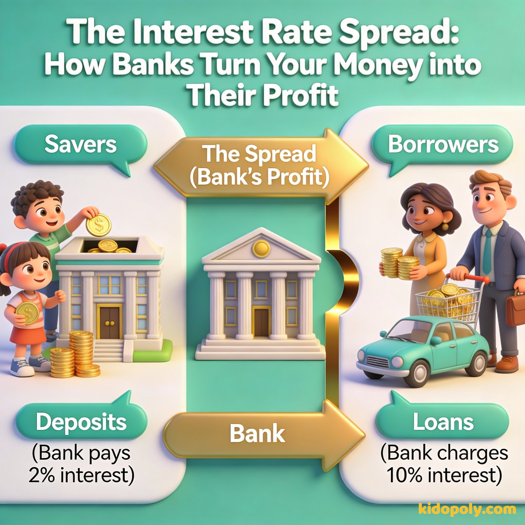 Un diagrama que muestra cómo los bancos pagan intereses bajos a los ahorradores y cobran intereses altos a los prestatarios para quedarse con la diferencia como beneficio.