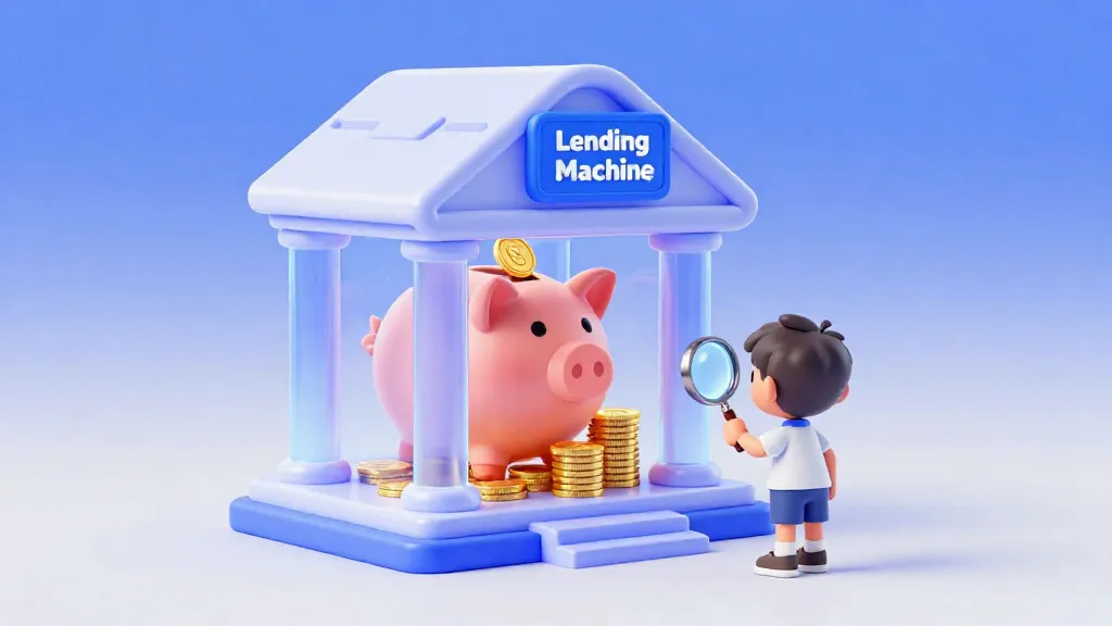 Un niño usando una lupa para mirar el edificio de un banco que está convirtiendo monedas pequeñas en grandes pilas de dinero.