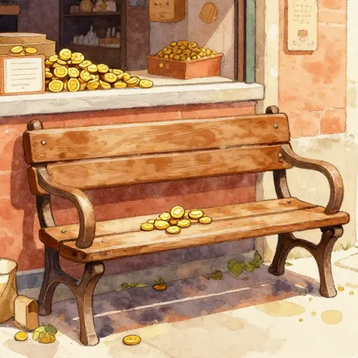 Un simple banco de madera en un mercado antiguo, representando el origen de los bancos.