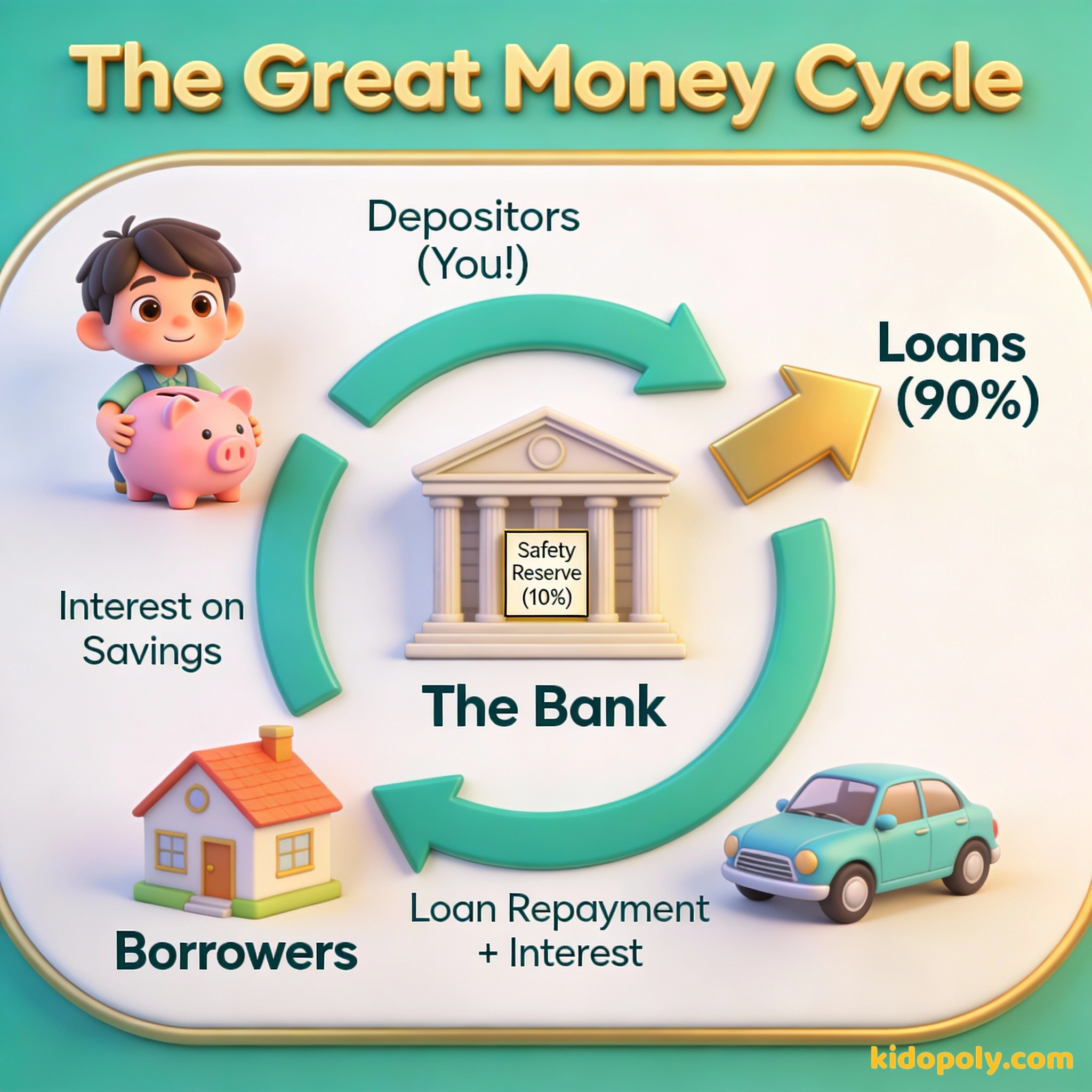Un diagrama circular que muestra cómo el dinero se mueve de los ahorradores al banco, luego a los que piden prestado y de regreso con intereses.