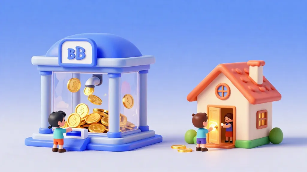 Una mágica ilustración en 3D de un banco que muestra el dinero fluyendo desde los ahorradores hacia las personas que compran casas.