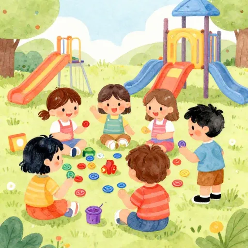 Niños usando fichas para intercambiar juguetes en la escuela