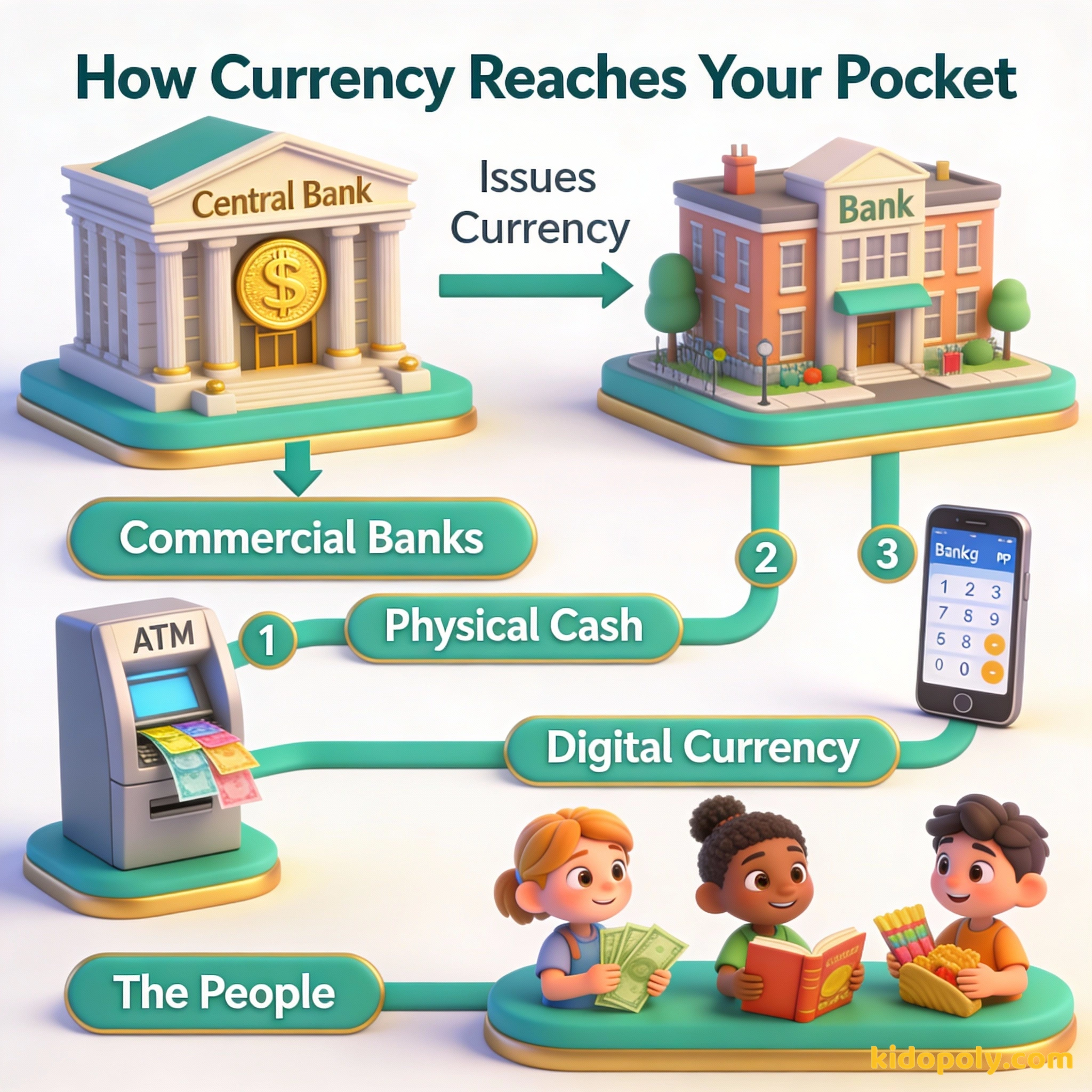 Infografía que muestra cómo la moneda se mueve desde un banco central a los bancos comerciales y finalmente a las personas como efectivo o números digitales