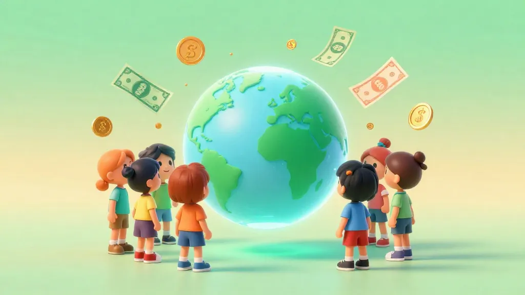 Niños mirando diferentes tipos de dinero de todo el mundo flotando cerca de un globo terráqueo