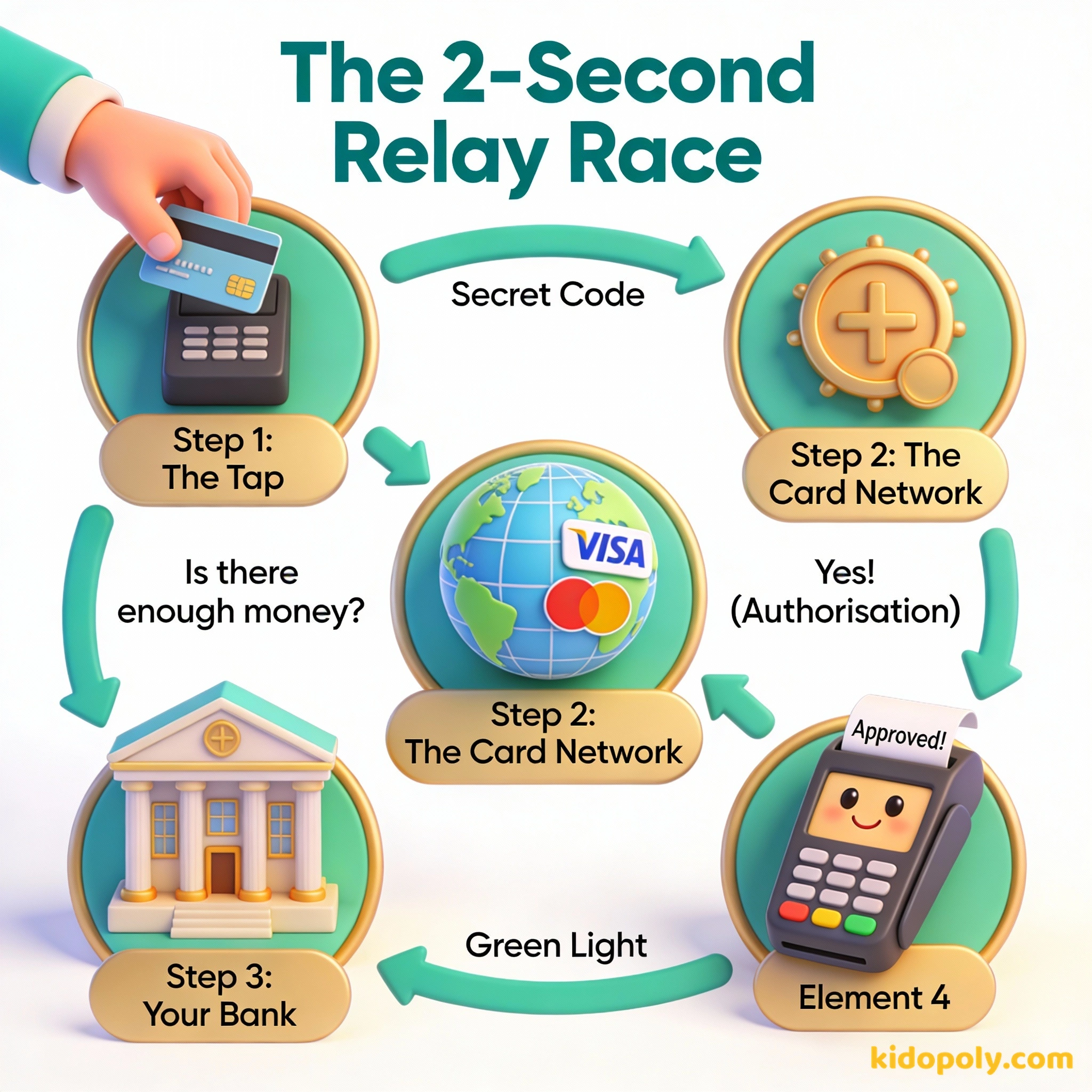 Un diagrama circular que muestra cómo el pago con tarjeta viaja de la tienda al banco y de regreso.