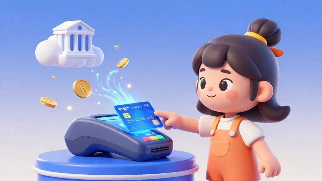 Un niño acercando una tarjeta de débito con efectos de magia digital que muestran el dinero moviéndose.