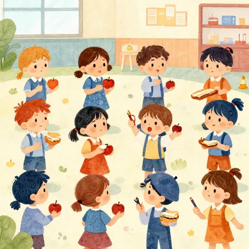 Crianças tentando trocar itens diferentes de forma confusa.