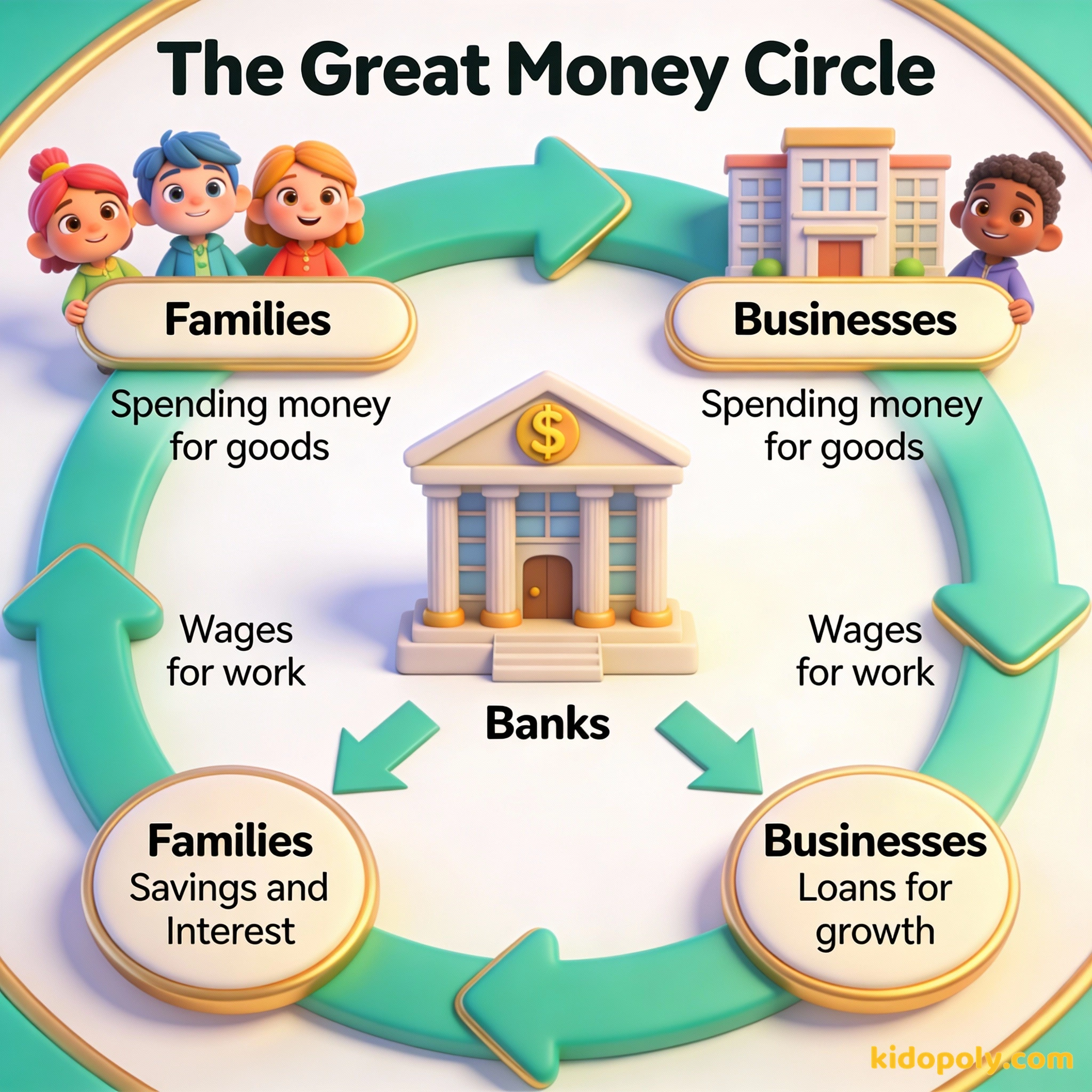 Um diagrama circular mostrando como o dinheiro se move entre famílias, empresas e bancos.