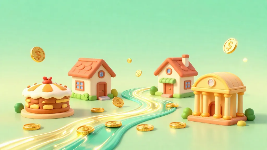 Uma cidade mágica em 3D mostrando o dinheiro fluindo entre lojas, casas e bancos como trilhas de luz brilhantes.