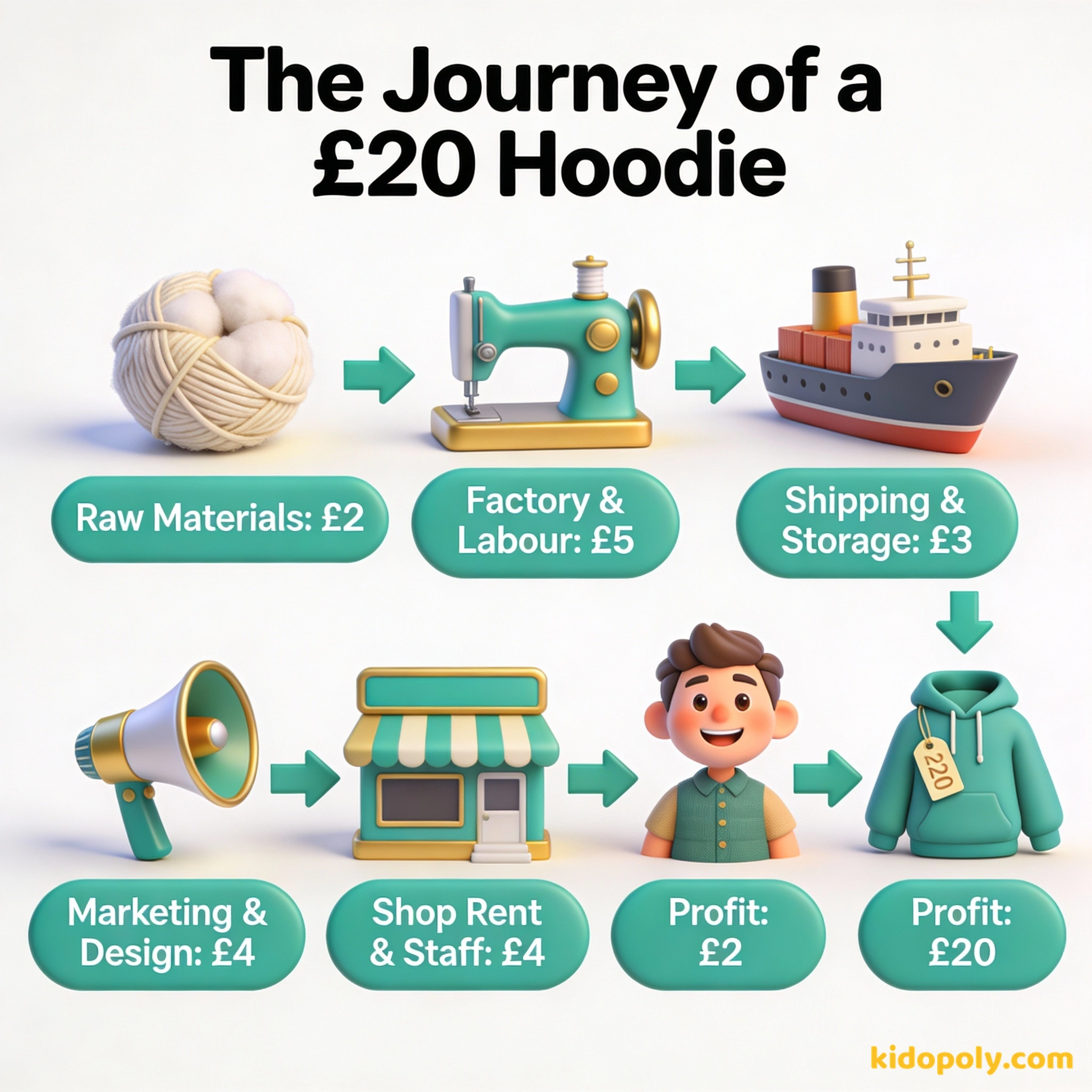 Un diagrama que muestra cómo se suman los costes para crear el precio final de una sudadera con capucha.