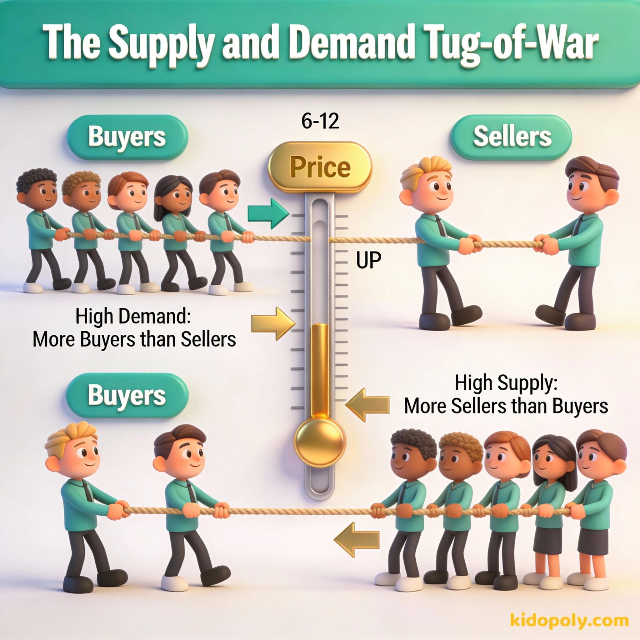 Diagrama de compradores y vendedores tirando de una cuerda con un precio