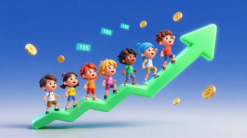 Niños montando una flecha brillante que sube en el mercado de valores