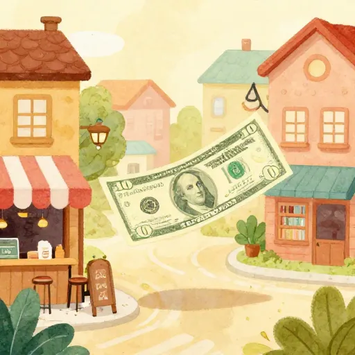 Un billete de $10 de dibujos animados moviéndose entre diferentes tiendas.