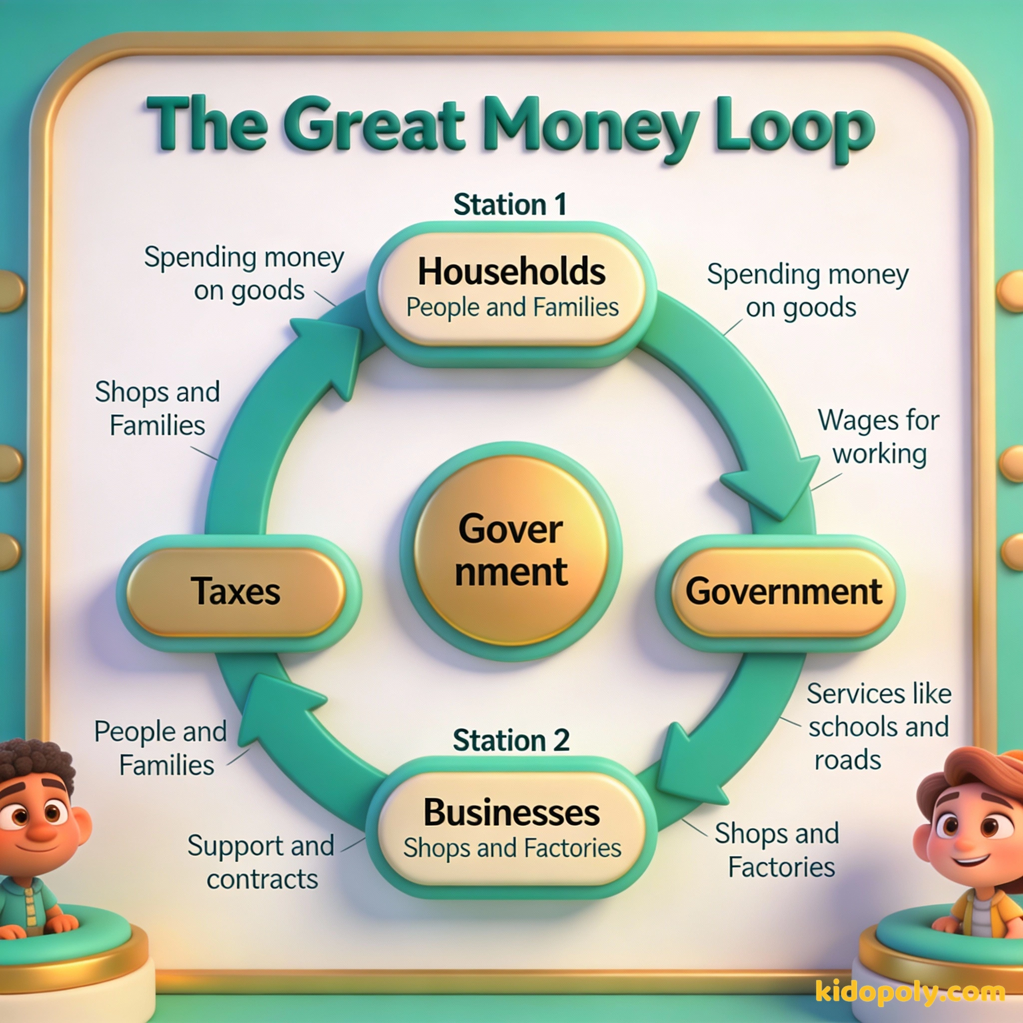 Un diagrama circular que muestra cómo se mueve el dinero entre las personas, las empresas y el gobierno.