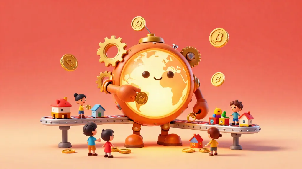 Una máquina mágica brillante que representa la economía con personas intercambiando monedas por productos.