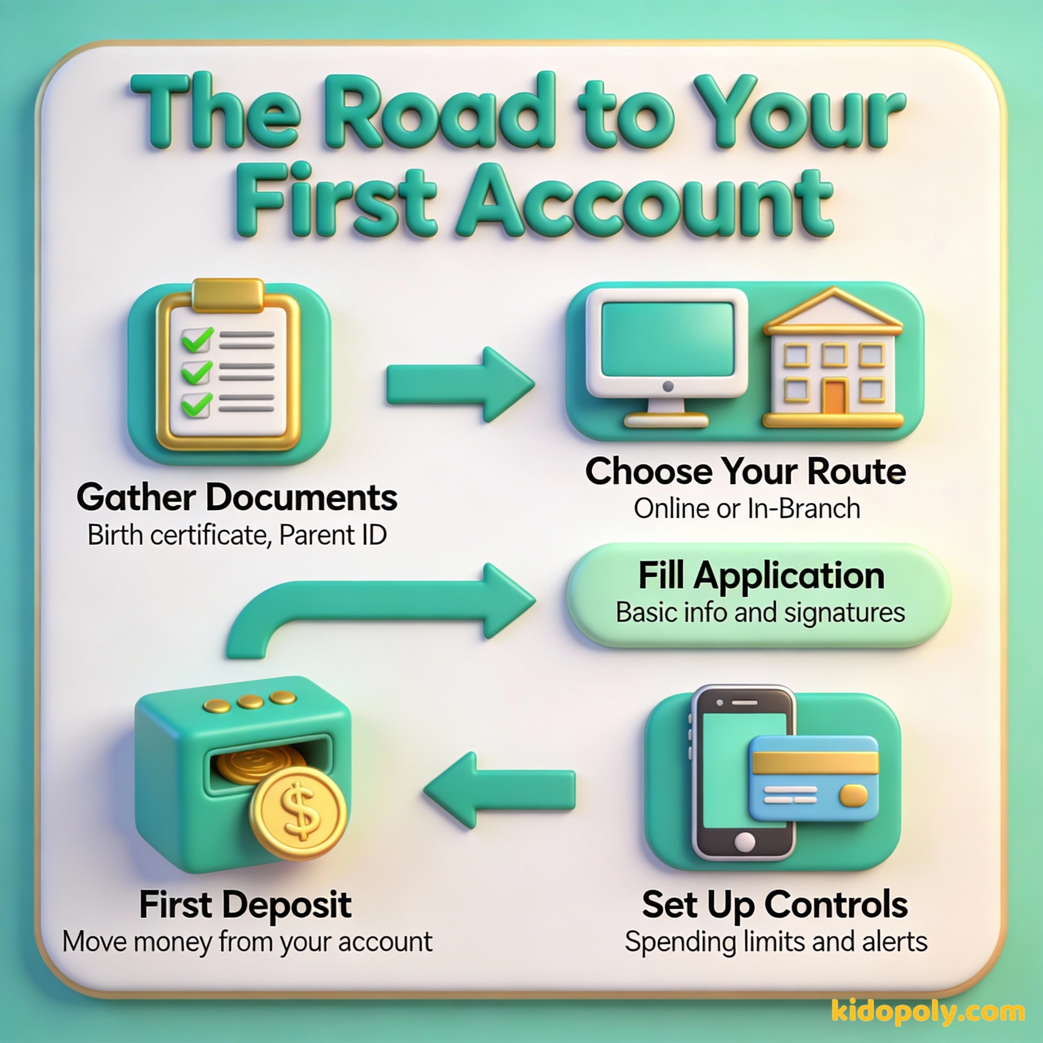 Un diagrama de flujo que muestra los 5 pasos para abrir la cuenta bancaria de un niño: Reunir documentos, elegir el camino, completar la solicitud, realizar el primer depósito y configurar los controles.