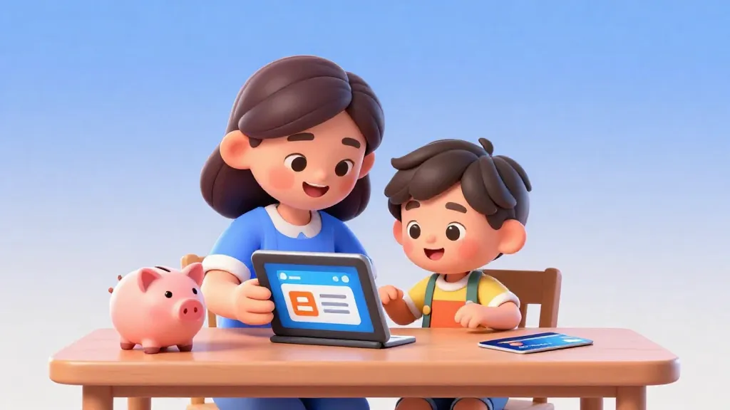 Un padre y su hijo mirando juntos una aplicación de banca digital en una mesa.