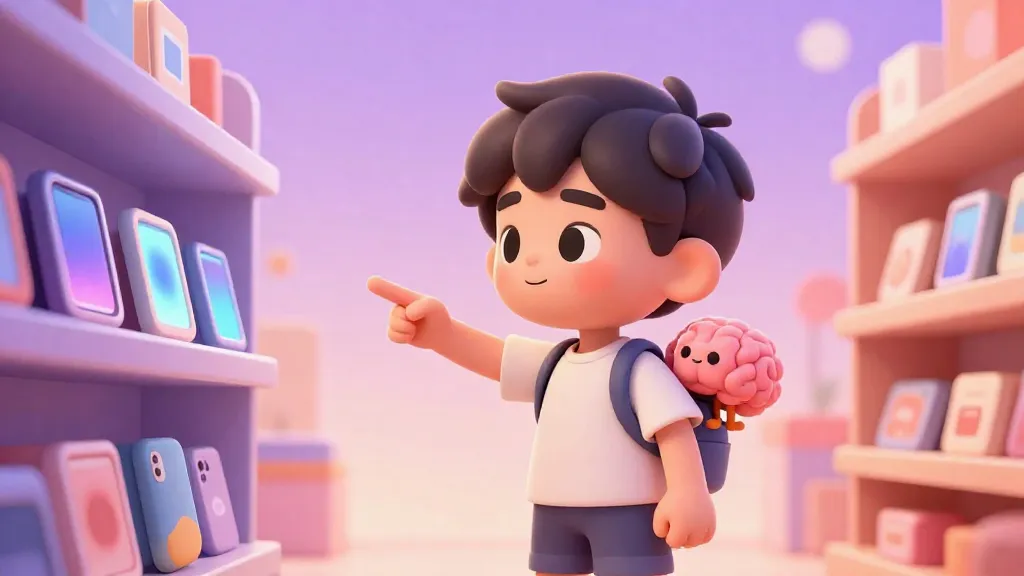 Un niño en una tienda mirando un juguete brillante mientras su cerebro piensa en irse.