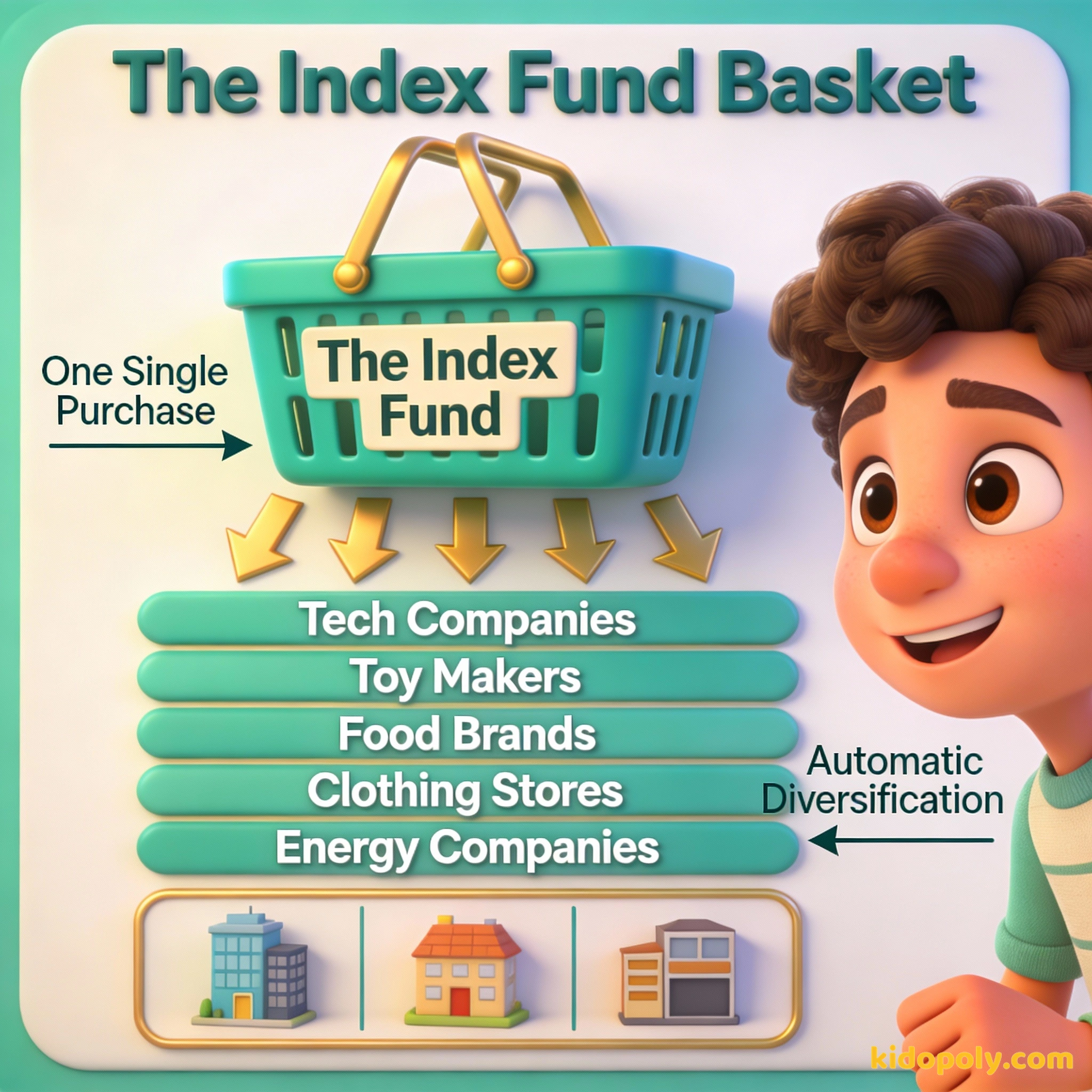 Un diagrama que muestra cómo un fondo indexado contiene muchos tipos diferentes de empresas