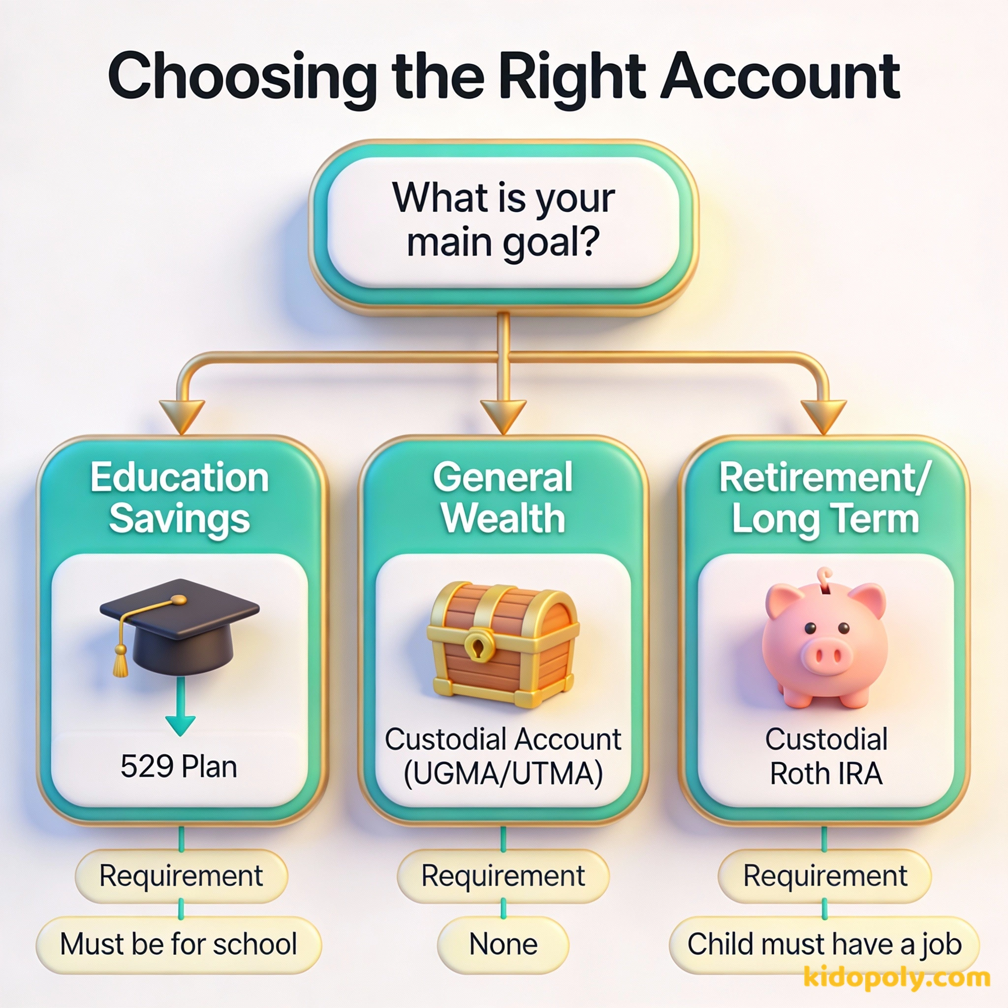 Un diagrama de flujo que muestra cómo elegir entre un plan 529, una cuenta de custodia y una Roth IRA según tus objetivos.